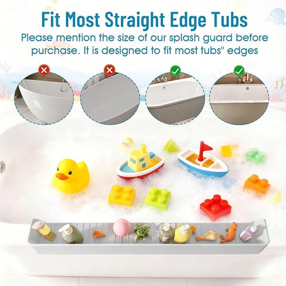 Splash Guard for Bathtub Kids, Longer Silicone Bathtub Splash Guard with 11 Suction Cups, Bath Tub Play Shelf for Kids & Toy Holder, Prevent Water Spill in Bathroom, Grey