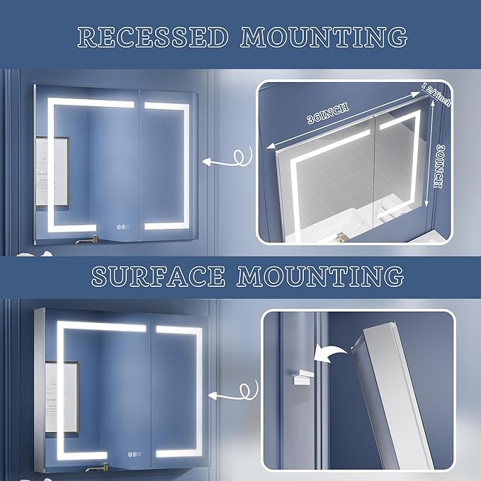 ExBrite LED Lighted Bathroom Medicine Cabinet with Mirror, 36 x 30 Inch,Recessed or Surface Mount,Anti-Fog, Stepless Dimming,Color Temperature Change,Built-in 6000K Sensor Light,Storage Shelves