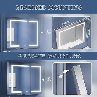 ExBrite LED Lighted Bathroom Medicine Cabinet with Mirror, 36 x 30 Inch,Recessed or Surface Mount,Anti-Fog, Stepless Dimming,Color Temperature Change,Built-in 6000K Sensor Light,Storage Shelves