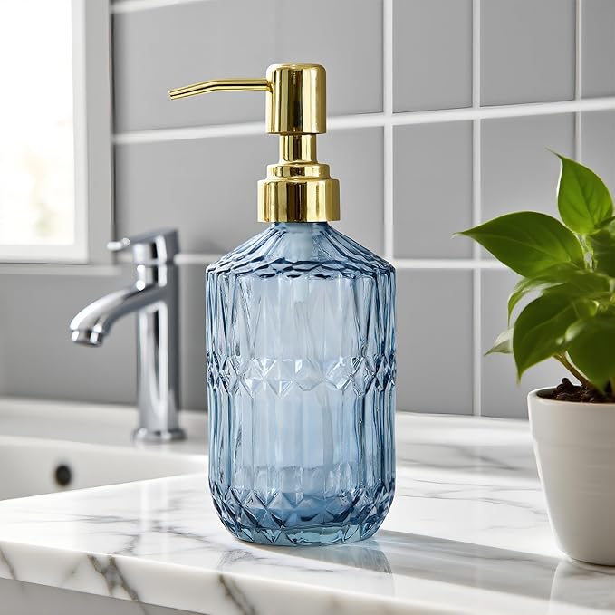 18oz Blue Glass Soap Dispenser, Refillable Kitchen, Bathroom Thick Glass Soap Dispenser with Golden Rustproof Pump for Dishwashing Liquid, Hand Soap, Lotion, Body Wash (Blue-Golden Pump)