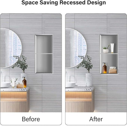 24" X 12" Shower Niche Insert Tile Ready, Niche for Shower Wall, Stainless Steel 2-Tier Recessed Shelf No Tile Needed for Bathroom Storage, Brushed Nickel