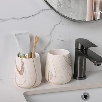 Marble Brown Toothbrush Holder for Bathroom - Ceramic Tooth Brushing Holders, Toothbrush Cup, Toothpaste Organizer for Bathroom Countertop, Makeup Brush Holder, Pen Holder for Home Desktop Storage