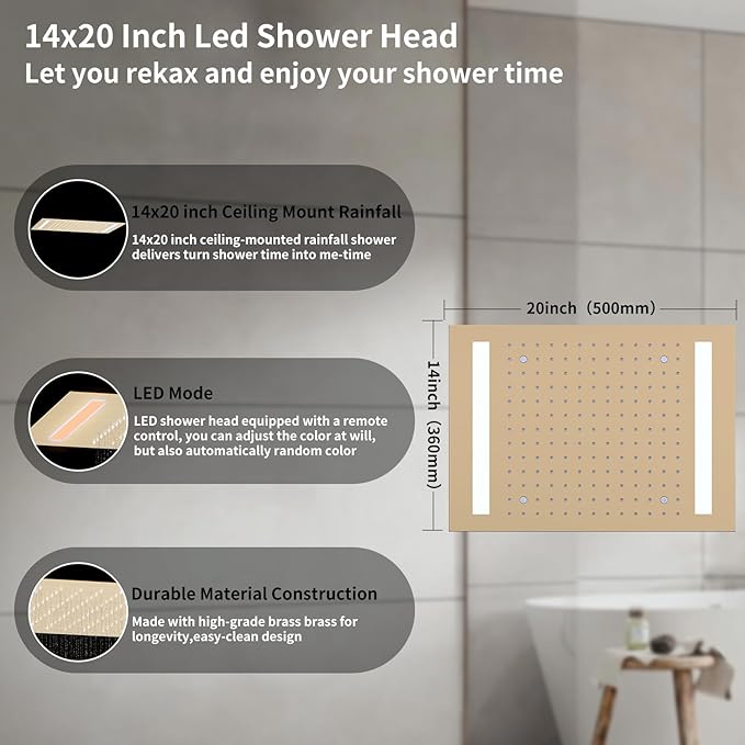 Bathroom shower system Ceiling 14x20 inch shower head, spray with handle, 6 PCS Body Jet and Handheld, temperature display shower faucet set (Brushed Gold)