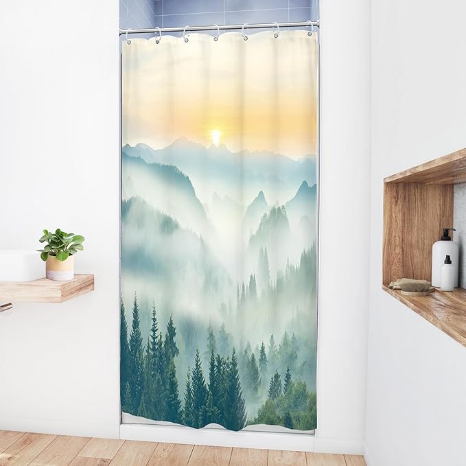 Riyidecor Small Stall Mountain Shower Curtain 36Wx72H Inch RV Narrow Green Yellow Sunset Sunrise Scenery Greenery View Landscape Woodland Bathroom Decor Fabric Polyester Waterproof 7 Pack Hooks