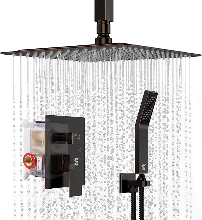 SR SUN RISE 12 Inch Oil Rubbed Bronze Shower System Brass Bathroom Luxury Rain Mixer Shower Combo Set Ceiling Mounted Rainfall Shower Head System Faucet Trim Repair Kits with Rough-In Valve and Trim