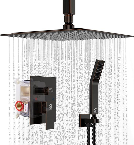 SR SUN RISE 12 Inch Oil Rubbed Bronze Shower System Brass Bathroom Luxury Rain Mixer Shower Combo Set Ceiling Mounted Rainfall Shower Head System Faucet Trim Repair Kits with Rough-In Valve and Trim