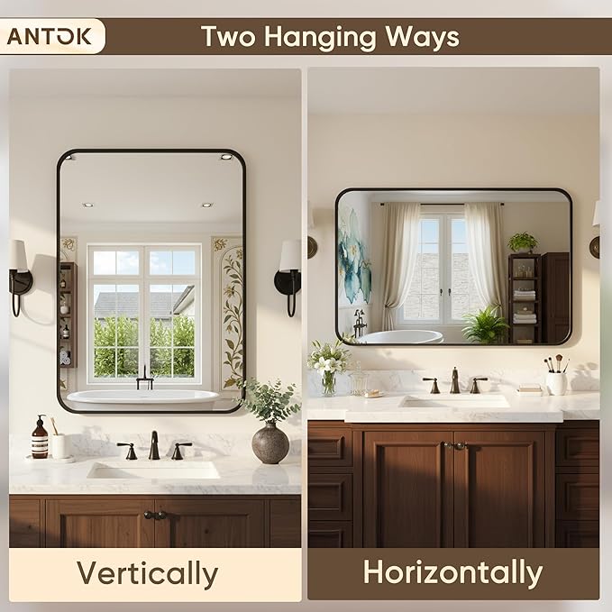 Antok 2-Pack Bathroom Mirrors, 24"x36" Double Wall Mirrors, Decorative Mirror Vanity Mirror Aluminum Alloy Frame Contemporary Hanging for Living Room Bathroom Entryway, Black