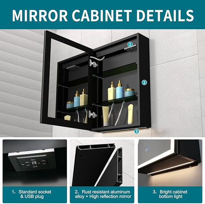 Lighted Medicine Cabinet with Mirror, 20 x 28 inch LED Bathroom Cabinet with Anti-Fog, Dimmable 3 Colors Front & Bottom Light, Buit-in Sockets & USBs, 2 Shelves, Plug-in or Hardwired