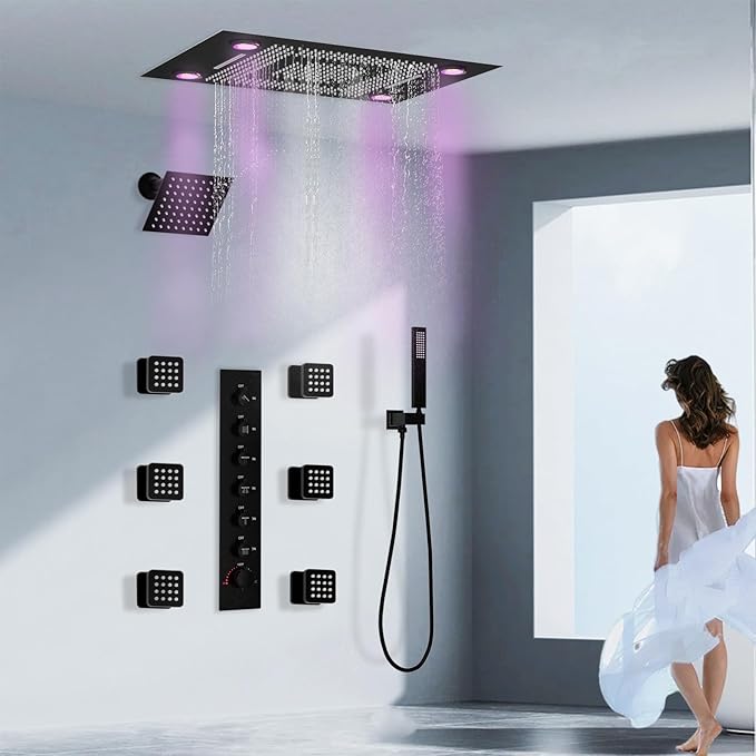 24x32 LED Dual Head Shower System 24"x32" Ceiling Mount Shower Head Thermostatic Shower System Rainfall Shower Set with 6 Inches Shower Head and 6 Body Jets High Pressure Shower Handheld