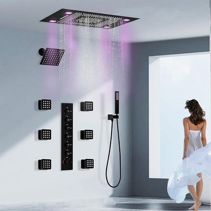 24x32 LED Dual Head Shower System 24"x32" Ceiling Mount Shower Head Thermostatic Shower System Rainfall Shower Set with 6 Inches Shower Head and 6 Body Jets High Pressure Shower Handheld