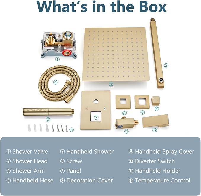 Aolemi Shower Faucet Set, High Pressure Shower System with 2-in-1 Handheld Sprayer, Wall Mount Fixture Combo with Rough-in Valve, 16 Inch Shower Head, Brushed Gold