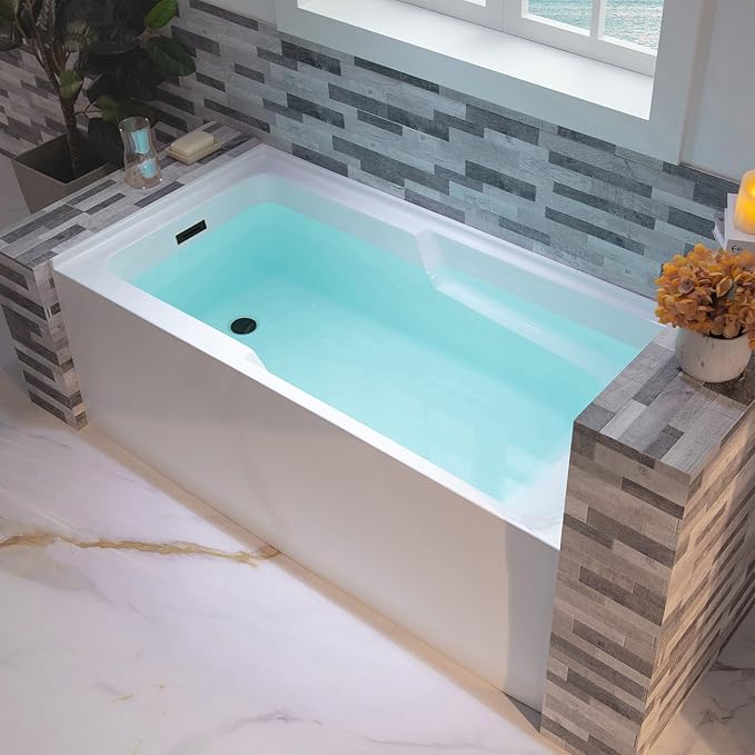 WOODBRIDGE 54" Acrylic Rectangular Alcove Soaking Bathtub in White with Left Drain, Oil Rubbed Bronz pop-UP Drain Included BA5430L