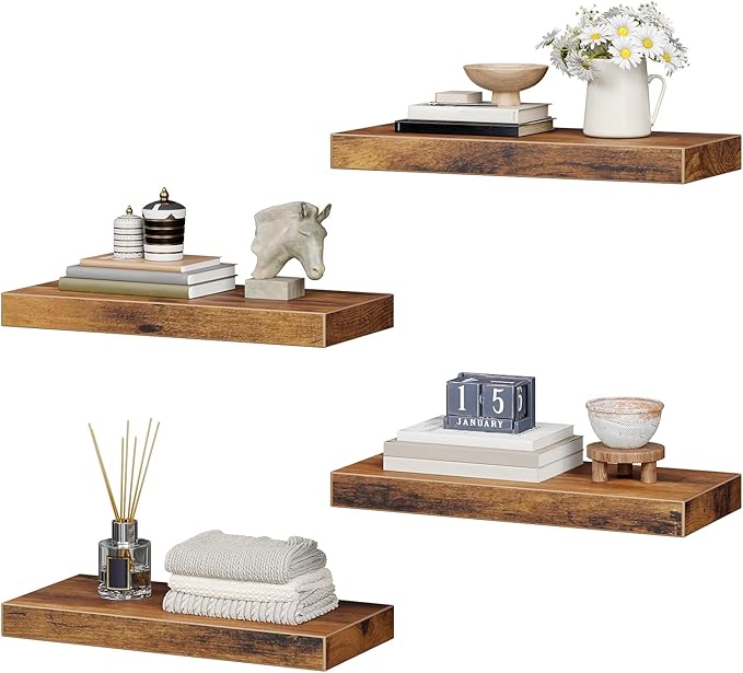 Floating Shelves for Wall, 1.5" Thick Wall Shelf Set of 4 with Invisible Brackets, 15.7L x 7.9W Hanging Shelves Farmhouse Home Decor for Bathroom, Living Room, Bedroom, Rustic Brown 4301BJP4BF