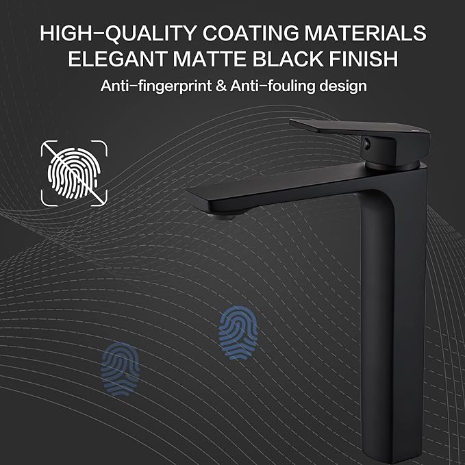 VOTON Black Vessel Sink Single Hole Tall Bathroom Faucet, RV Lavatory Vanity Basin Mixer, Solid Brass 1.2 GPM