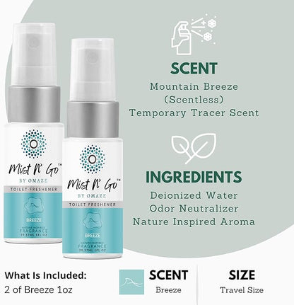 Mist N’ Go by Omaze Travel Bathroom Spray for Toilet Spray Odor Eliminator - Travel Toilet Spray for Bathroom Air Freshener Spray for Bathroom Deodorizer - Breeze Travel Size (1oz x2)