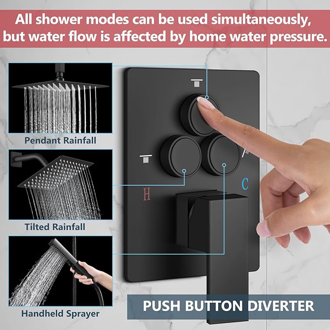 Aolemi Shower Faucet Set Ceiling Mount Shower System Rough-in Valve and Shower Trim Kit 12 and 6 Inch Dual Shower Head 2 in 1 Handheld Spray Push Button Diverter Matte Black