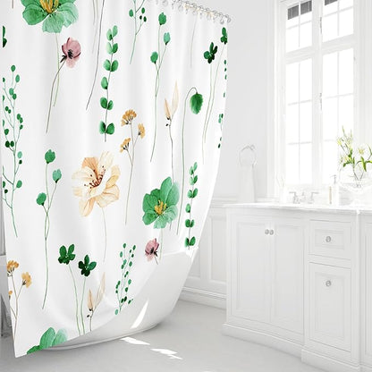 Gibelle Watercolor Floral Shower Curtain, Emerald Green Beige Flower Shower Curtain for Bathroom, Modern Minimalist Waterproof Fabric Shower Curtain Set 72x72 Inch
