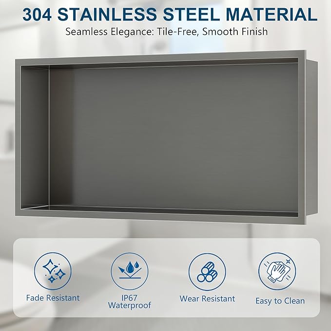 Neodrain 24X12Inch Shower Niche, Gun Metal Stainless Niche NO Tile Needed Recessed Shower Shelf for Bathroom Storage