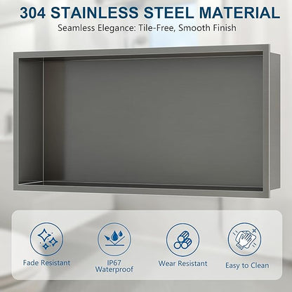 Neodrain 24X12Inch Shower Niche, Gun Metal Stainless Niche NO Tile Needed Recessed Shower Shelf for Bathroom Storage