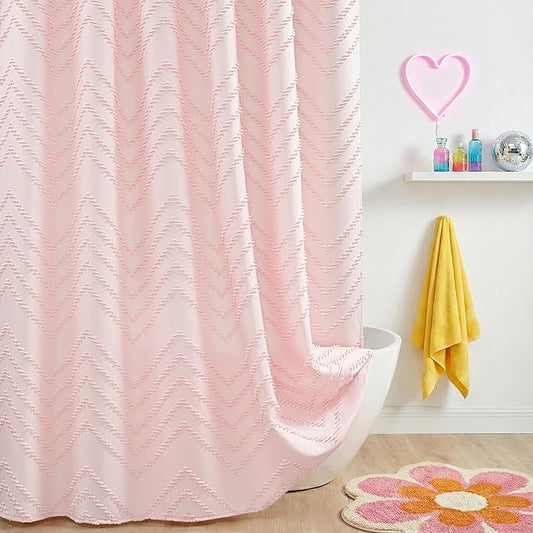 Pink Shower Curtain Boho Shower Curtains for Bathroom Girly Cute Shower Curtain Tufted Chervon Textured Stripes Modern Minimalist Bathroom Decor 72x72