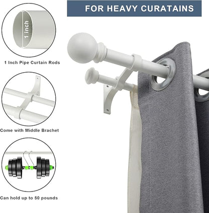 Double Curtain Rod 48 to 84 inch, Adjustable 1 inch Double Drapery Rod Rods for Windows and Doors with Ball Round Finials and Premium Aluminum Brackets Set(48-84",Matte White)