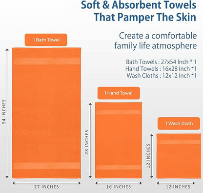 DAN RIVER 100% Ring Spun Cotton 3-Piece Towel Set, Orange, Bath Towel, Hand Towel and Washcloths, 550 GSM - Soft, Absorbent Quick Dry Cotton Towels for Bathroom, Spa, and Gym