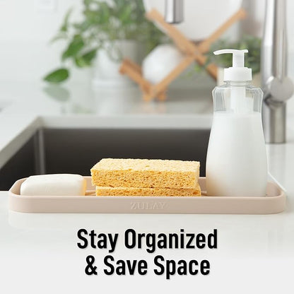 Zulay Kitchen Large Silicone Sponge Holder (12x4) – Flexible Sink Organizer Tray for Kitchen & Bathroom – Multipurpose Soap Dish for Sponges, Makeup, Trinkets & More (Ivory)