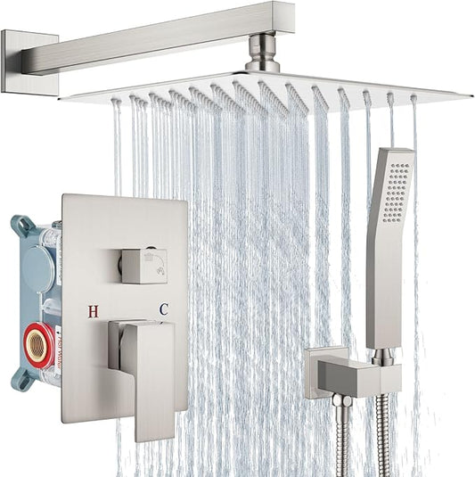 Aolemi Shower Faucet Set Rain Shower System with Handheld Spray Bathroom Shower Combo Rough-in Valve and Shower Trim Kit Included Brushed Nickel 10 Inch Wall Mount Shower Head