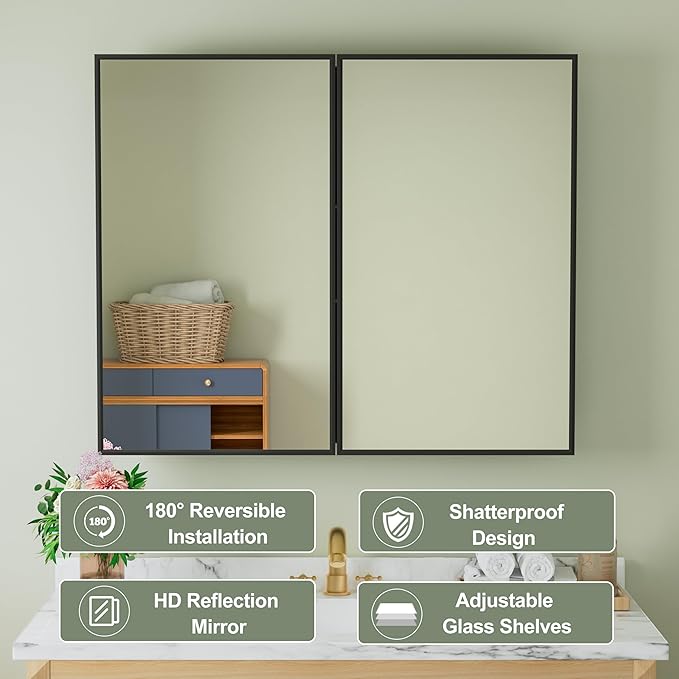 Buruis 36" x 30" Framed Medicine Cabinet with Mirror, Recessed or Wall Mounted Bathroom Cabinet, Adjustable Tempered Glass Shelves, Left/Right Open Reversible, No Assembly Required, Black