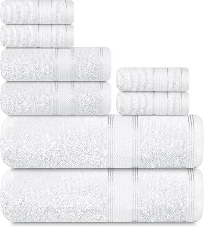 Casa Lino Bath Towel Set of 8 (2 Bath Towels, 4 Wash Cloths & 2 Hand Towels for Bathroom) - 100% Cotton - Highly Absorbent & Quick Dry - Guest Room Essentials for Bathroom Set - (White)