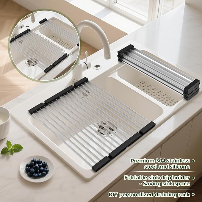 GAViA Roll Up Dish Drying Rack Over The Sink Drying Rack Stainless Steel Sink Drying Rack Kitchen Dishes Drying Mat Foldable Dish Drainer Rack Kitchen Sink Organizer Accessories