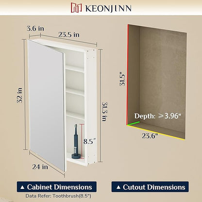 Keonjinn 24 x 32 Inch Medicine Cabinet for Bathroom with Mirror, Assembly Required, Black Aluminum Structure, Lightweight, Recessed or Wall Mount, Freely Adjustable Shelves, Tempered Glass
