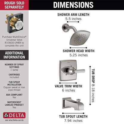Delta Faucet Ashlyn 14 Series Single-Handle Tub and Shower Trim Kit, Shower Faucet with Single-Spray Touch-Clean Shower Head, Stainless T14464-SS (Valve Not Included)