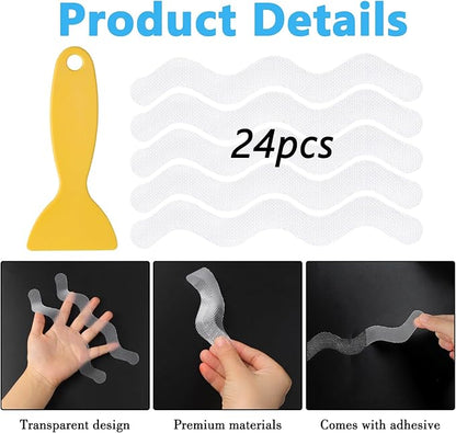 24pcs Anti Slip Shower Stickers, Non Slips Shower Strips with Premium Scraper, Clear Wave-Shaped Bathtub Non Slip Stickers for Bath Tub Showers Stairs Non-Slip