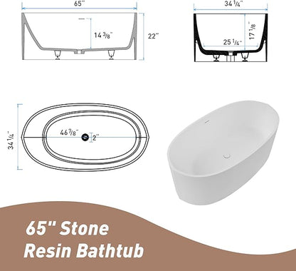 Abruzzo 65" Matte White Freestanding Solid Surface Bathtub, Stone Resin Freestanding Bath Tub with Overflow and Pop-up Drain