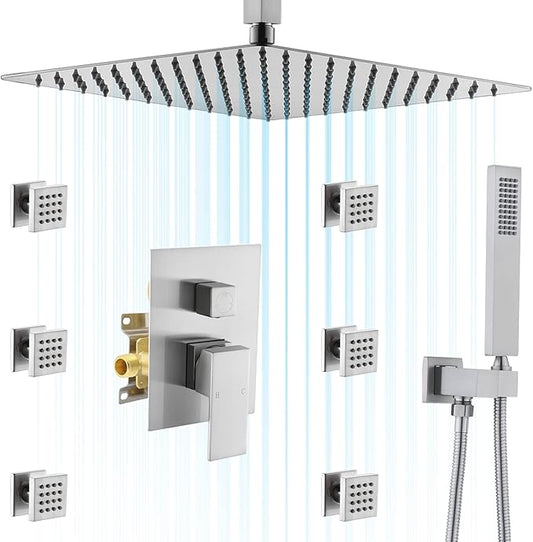 Shower System with Body Jets, 16 Inch Ceiling Mounted Multi Shower Head System with Overhead Rainfall Showerhead and Handheld Sprayer and Pressure Balance Valve kit, Brushed Nickel
