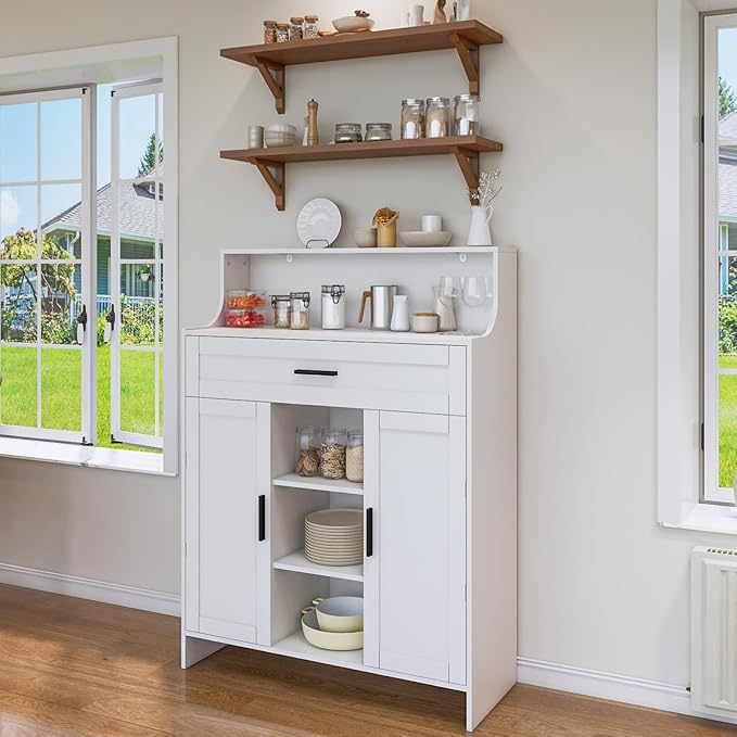 Storage Cabinet with Doors and Drawers, Kitchen Storage Cabinet with 1 Large Drawer,2 Doors,and 2 Adjustable Shelves,for Bathroom/Kitchen/Living Room/Entrance Hall (White)