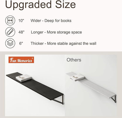 Floating Shelves 48 Inch Long, 10" Deep Floating Shelves, Black Wall Shelves 48 x 10, Set of 2, Wide Large Display Storage Shelves for Bathroom, Living Room, Rustic Wood Shelves with Brackets