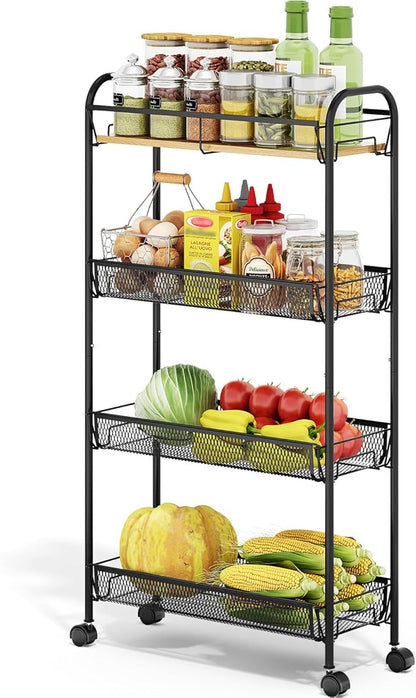 TOOLF 4-Tier Slim Rolling Cart, Metal Utility Cart, Slide Out Storage Cart with Wooden Tabletop and Mesh Baskets for Narrow Space on Kitchen Bathroom Laundry Room Bedroom Apartments Dormitory