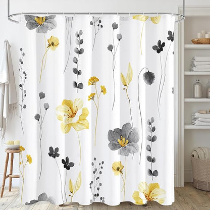 Gibelle Yellow and Grey Floral Shower Curtain, Watercolor Flower Shower Curtain for Bathroom, Modern Minimalist White Waterproof Fabric Shower Curtain Set 72x72 Inch