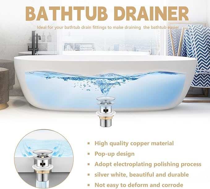 【Limited-time Promotion】 Pop Up Freestanding Tub Drain Plug, 2025 Upgraded freestanding tub Drain，Rust-Proof and Clog-Proof (for Most freestanding bathtubs) (Cold Silver)