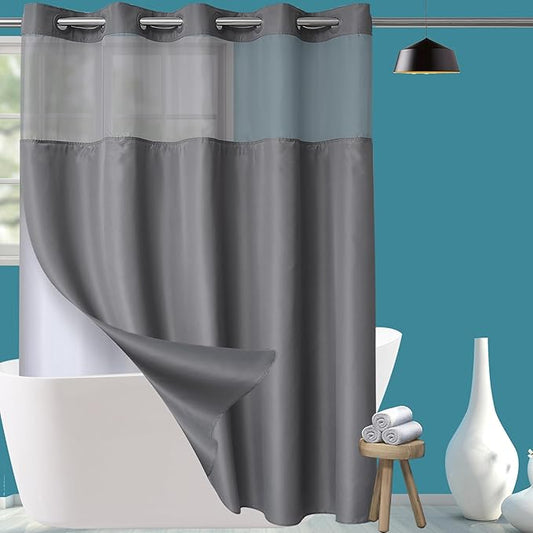 Conbo Mio No Hook Shower Curtain with Snap in Liner Set, Hotel Luxury Grey Fabric Shower Curtains for Bathroom with See Through Top Window, Washable, Waterproof 71W x 74H