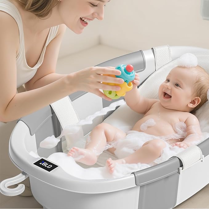 Collapsible Baby Bathtub, Baby Tubs for Newborns with Soft Cushion & Thermometer & Toy Organizer Mesh Bag, Infant Bathtub to Toddler 0-36 Months, Portable Travel Newborn Baby Bathtubs (Grey)