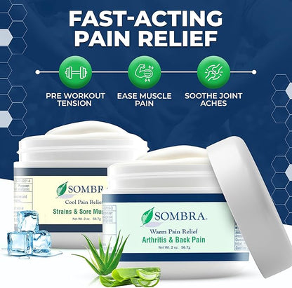 Sombra Warm & Cool Pain Relief Gel, Warm Relief for Arthritis and Chronic Pain Pre-Workout Muscle Rub, Cold for Swelling, Soreness, Post-Workout, Free of Artificial Fragrances, 2oz Per Jar