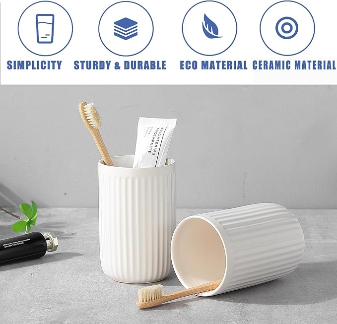 White Toothbrush Holders for Bathrooms - 1 Cups Ceramic Toothbrush Toothpaste Holders, White Bathroom Tumbler Cups Reusable Toothbrush Mouthwash Cup, Bathroom Counter Organizer.