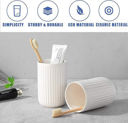 White Toothbrush Holders for Bathrooms - 2 Cups Ceramic Toothbrush Toothpaste Holders Set, White Bathroom Tumbler Cups Reusable Toothbrush Mouthwash Cup, Bathroom Counter Organizer.