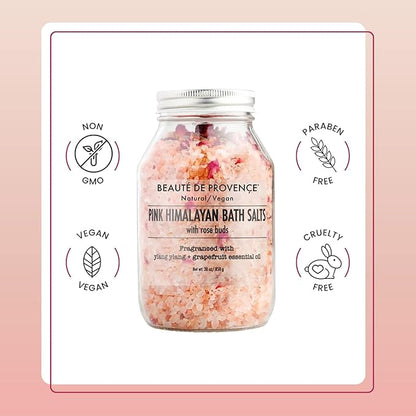 Beaute DE Provence Pink Himalayan Bath Salt with Rose Petals - 100% Natural Aromatherapy & Relaxation - Ylang Grapefruit Essential Oil Bath Salts for Women - Cruelty-Free, Revitalize & Soothes Skin