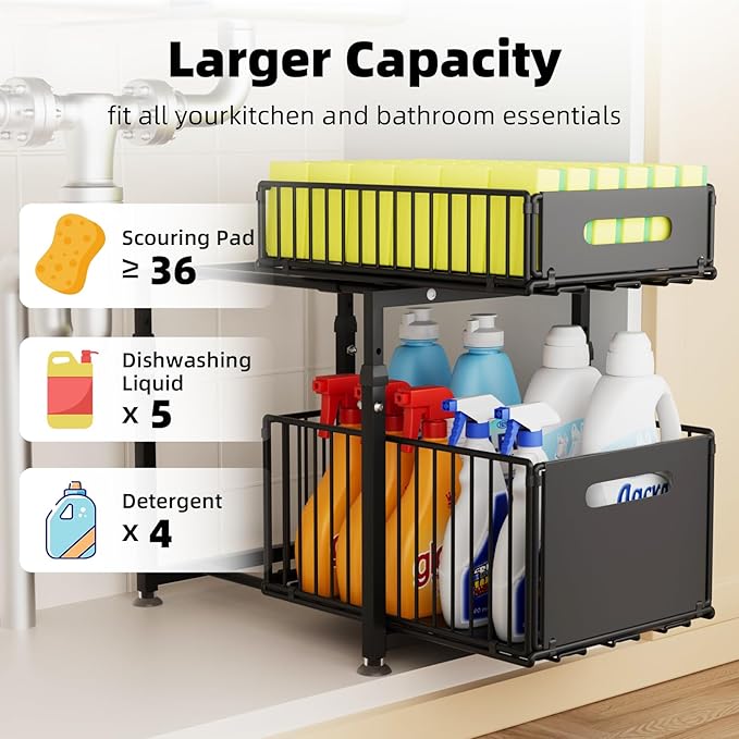 MIKEE Under Sink Organizer, 2 Tier Under Sink Organizers and Storage,Bathroom Cabinet Organizer with Adjustable Height, Pull Out Sink Shelf Cabinet Storage Shelves for Kitchen& Bathroom, Black