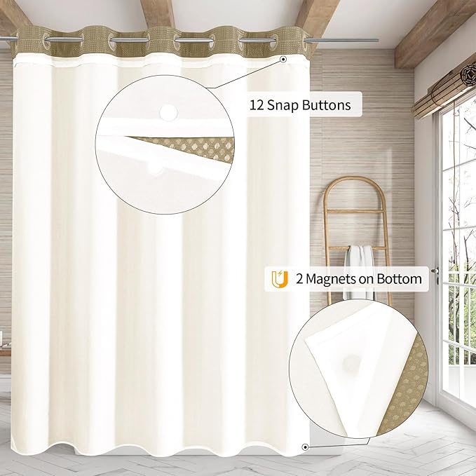 MitoVilla No Hooks Needed Extra Long Shower Curtain Liner Set, Beige 86 inch XL Heavyweight Waffle Fabric Cloth Shower Curtains Set with Snap-in Liner for Modern Luxury Hotel & Spa Bathroom Decor