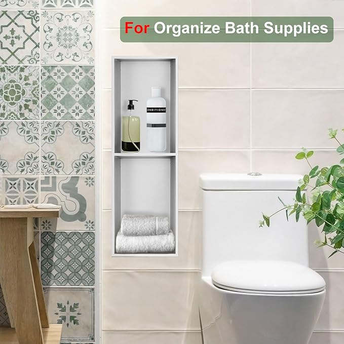 Shower Niche,8 * 24 Stainless Steel Elegant Bathroom Niche, No Tile Needed Recessed Shower Shelf Organizer for Storage,Silver